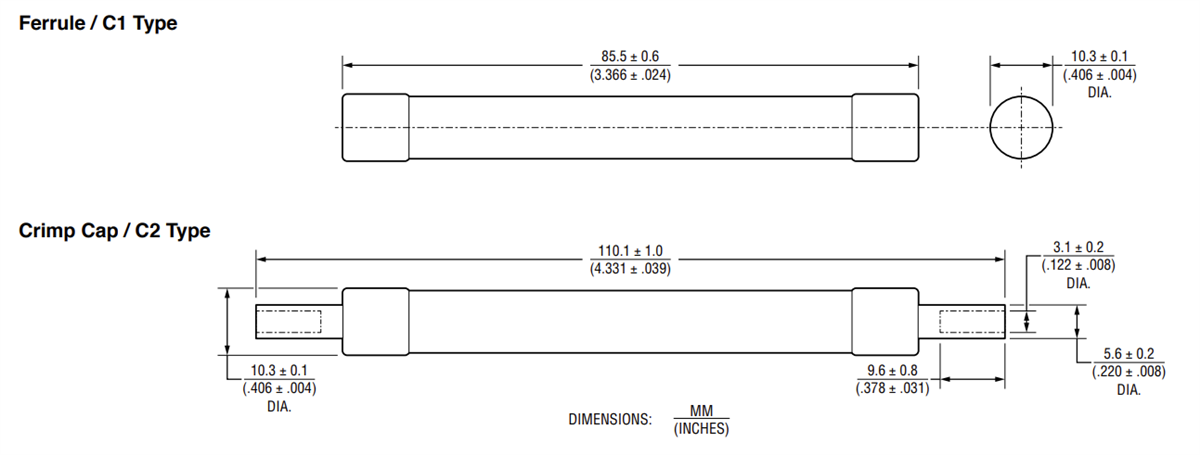 Mechanical Drawing - Bourns PF-PVC150R Photovoltaic (gPV) Power Fuses